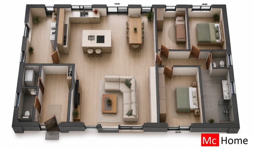 McHome B 198 bungalow plat dak type met 3 slaapkamers staalframebouw Nederland