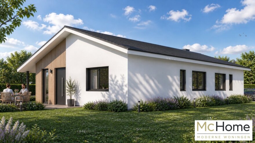 Moderne levensloopbestendige bungalow B-136 met strakke architectuur, grote raampartijen en energiezuinige staalframebouw uitvoering van MC-Home