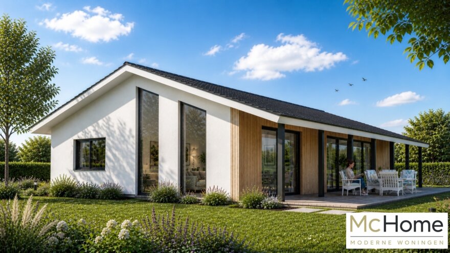 Moderne levensloopbestendige bungalow B-136 met strakke architectuur, grote raampartijen en energiezuinige staalframebouw uitvoering van MC-Home