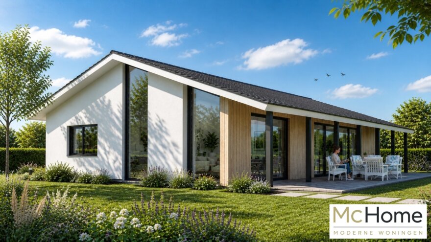 Moderne levensloopbestendige bungalow B-136 met strakke architectuur, grote raampartijen en energiezuinige staalframebouw uitvoering van MC-Home