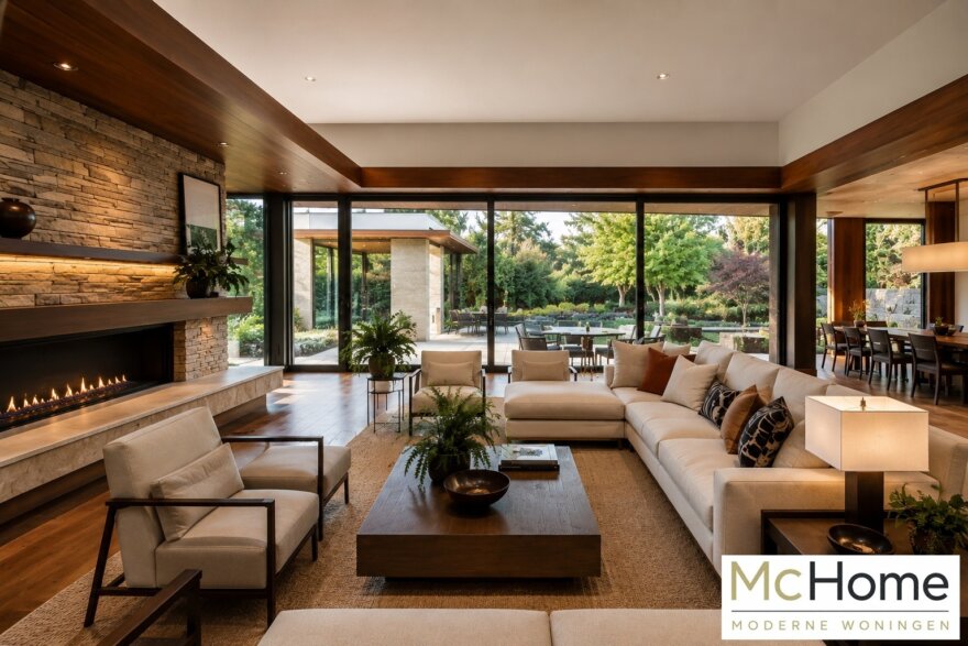 Plattegronden van de Frank Lloyd Wright geïnspireerde kubistische villa M-164 met royale living en grote leefkeuken met kookeiland