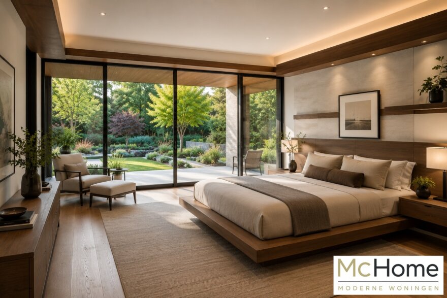 Plattegronden van de Frank Lloyd Wright geïnspireerde kubistische villa M-164 met royale living en grote leefkeuken met kookeiland