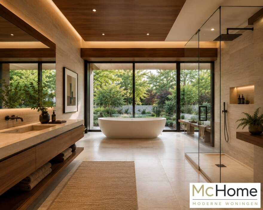 Plattegronden van de Frank Lloyd Wright geïnspireerde kubistische villa M-164 met royale living en grote leefkeuken met kookeiland