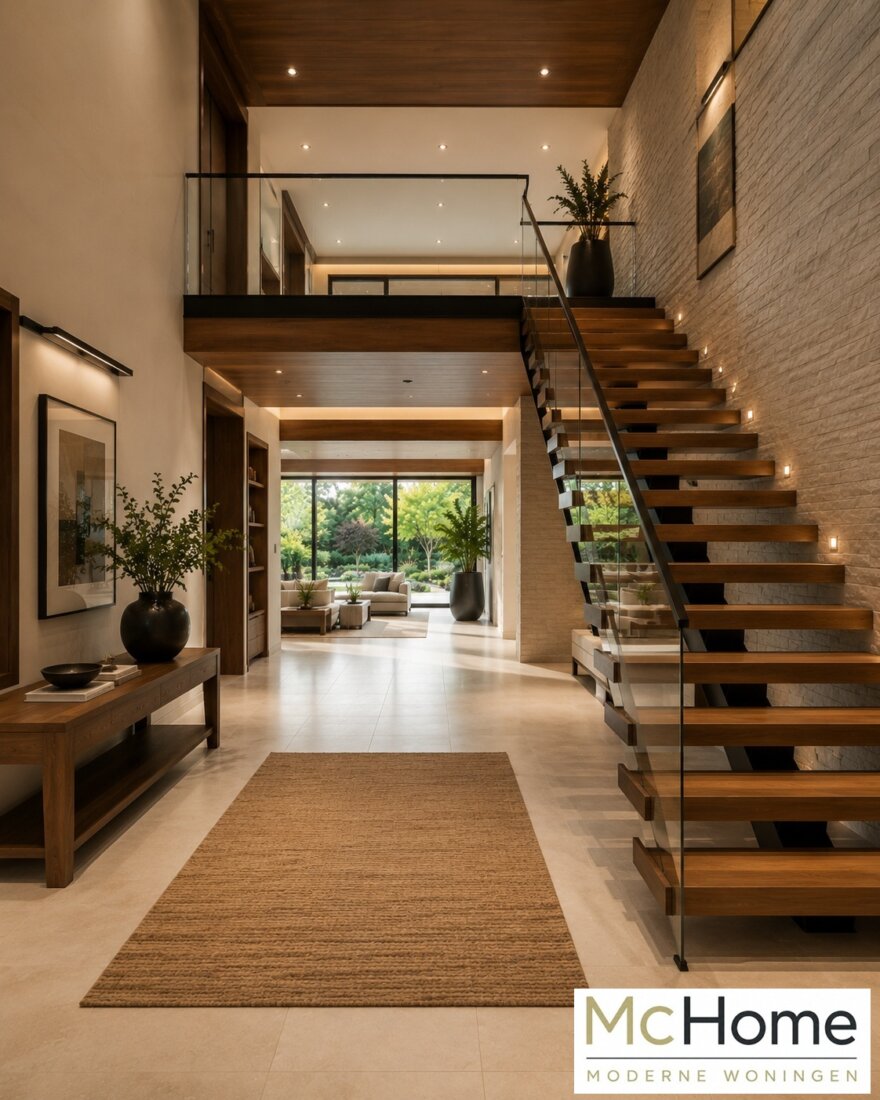 Plattegronden van de Frank Lloyd Wright geïnspireerde kubistische villa M-164 met royale living en grote leefkeuken met kookeiland