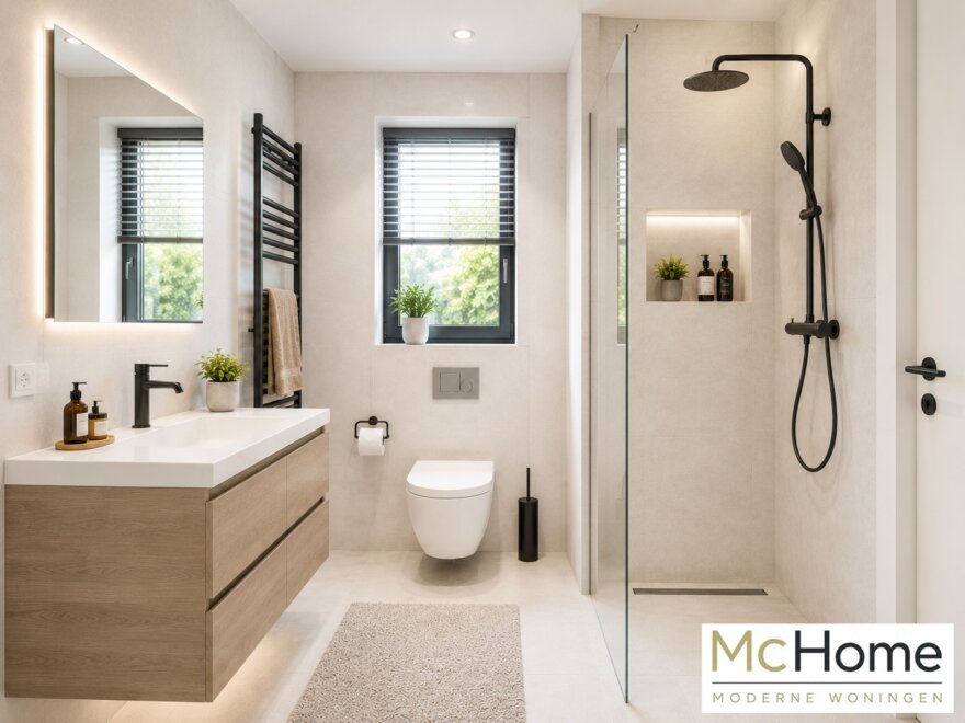 •	Moderne interieurbeelden van bungalow B-60 met luxe woonkamer, leefkeuken, badkamer en slaapkamer