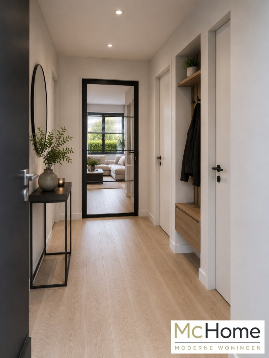 •	Moderne interieurbeelden van bungalow B-60 met luxe woonkamer, leefkeuken, badkamer en slaapkamer