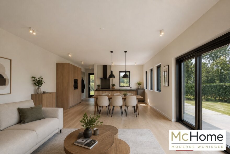 Interieur-inspiratie voor moderne levensloopbestendige bungalow B-136 met strakke architectuur, grote raampartijen en energiezuinige staalframebouw uitvoering van MC-Home