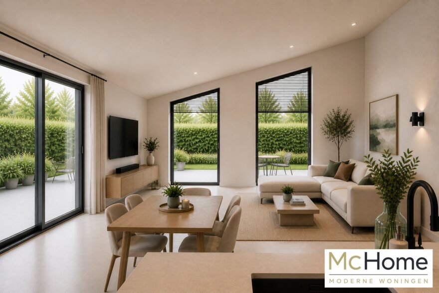 Interieur-inspiratie voor moderne levensloopbestendige bungalow B-136 met strakke architectuur, grote raampartijen en energiezuinige staalframebouw uitvoering van MC-Home