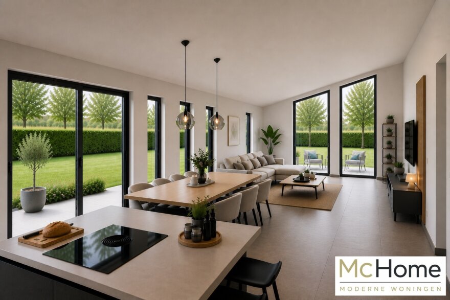 Interieur-inspiratie voor moderne levensloopbestendige bungalow B-136 met strakke architectuur, grote raampartijen en energiezuinige staalframebouw uitvoering van MC-Home
