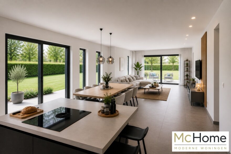 Interieur-inspiratie voor moderne levensloopbestendige bungalow B-136 met strakke architectuur, grote raampartijen en energiezuinige staalframebouw uitvoering van MC-Home