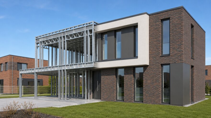 Moderne kubistische woning M-387 met plat dak, carport en levensloopbestendige indeling