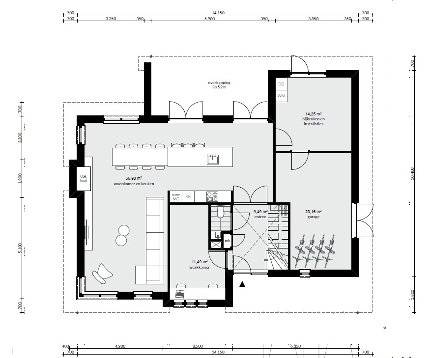 Plattegronden van de Frank Lloyd Wright geïnspireerde kubistische villa M-164 met royale living en grote leefkeuken met kookeiland