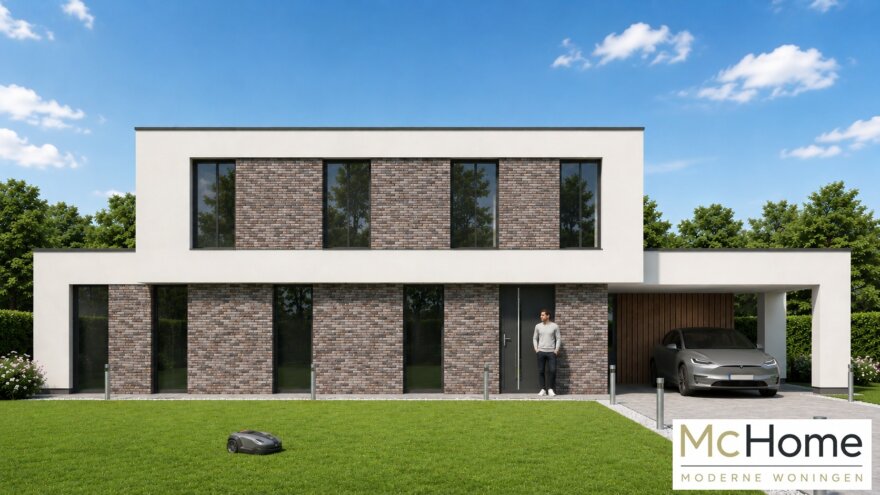 Moderne kubistische levensloopbestendige woning met gevelstuuk en natuursteen, gebouwd in staalframebouw met warmtepomp, zonnepanelen en grote glaspartijen.
