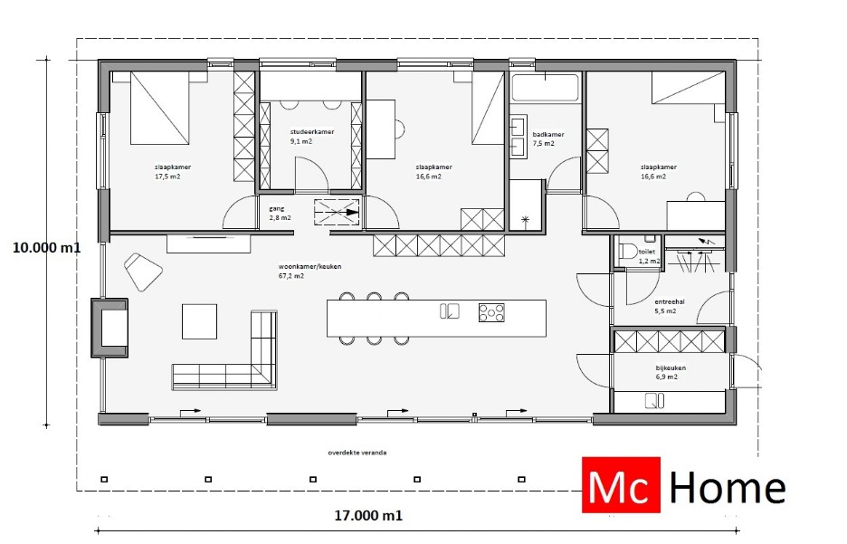 Mc-Home B136 v1 semi bungalow met kap hellend dak ATLANTA MBS staalframe