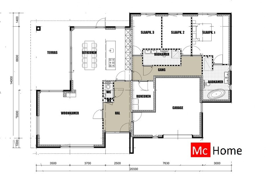 Mc-Home B143 bungalow met verhoogde woonkamer overdekt terras staalframebouw Nederland