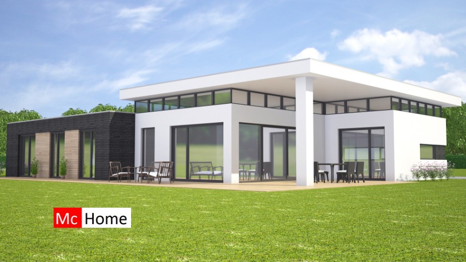 Mc-Home B143 bungalow met verhoogde woonkamer overdekt terras staalframebouw Nederland