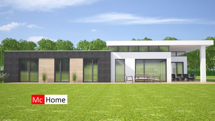 Mc-Home B143 bungalow met verhoogde woonkamer overdekt terras staalframebouw Nederland