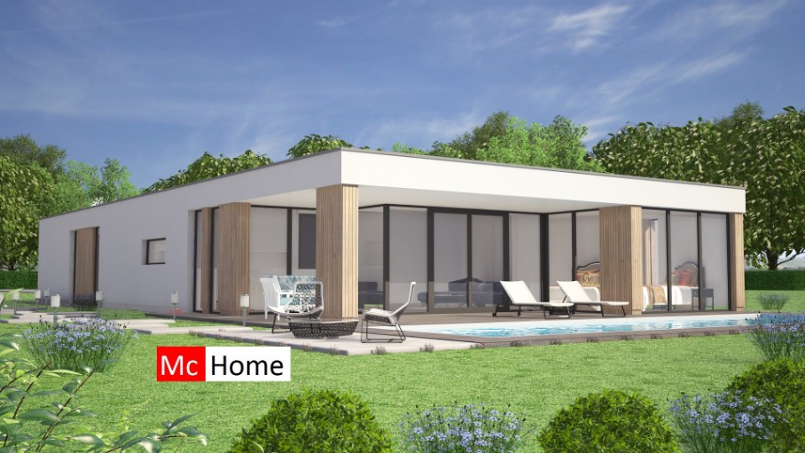 Mc-Home B144 moderne bungalow veel glas overdekt terras  Staalframebouw Nederland