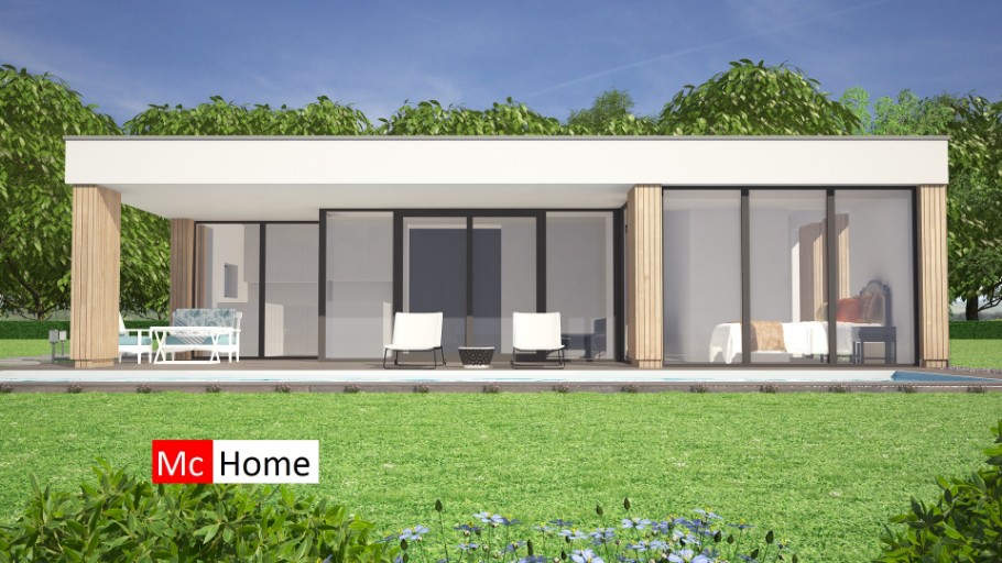 Mc-Home B144 moderne bungalow veel glas overdekt terras  Staalframebouw Nederland