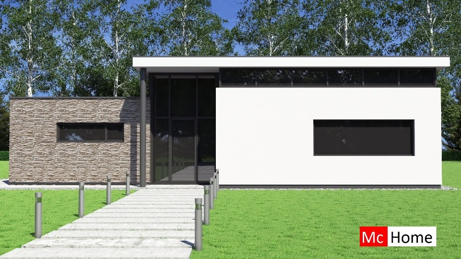 Mc-Home B155 levensloopbestendig modern hoog plafond glas en  natuursteen staalframebouw Nederland