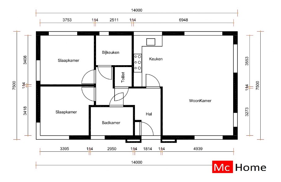 Mc-Home B163 v1 efficient moderne bungalowserie Staalframebouwmet plat dak 
