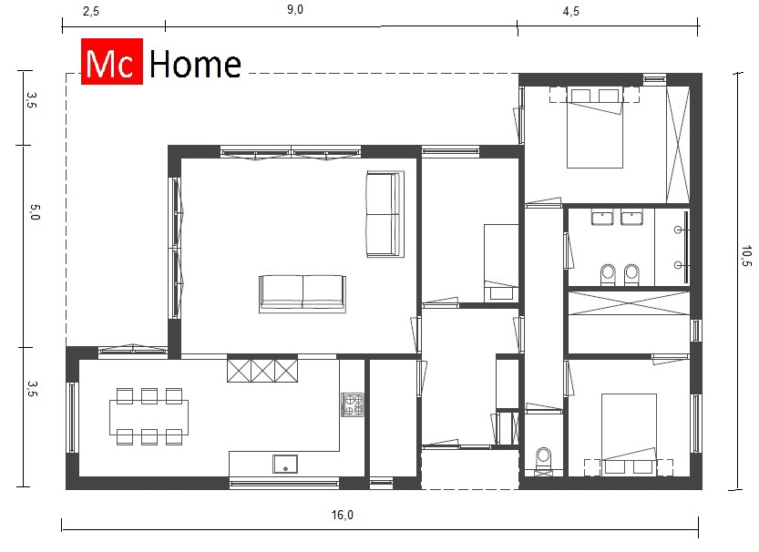 Mc-Home B80 levensloopbestendige gelijkvloerse 1laagse bungalow onderhousvrij met overdekt terras