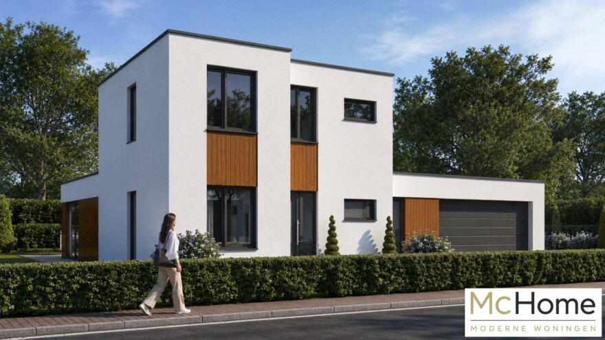 Moderne kubistische woning M-391 met plat dak, dubbele garage en grote glaspartijen