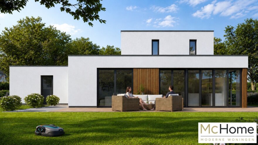 Moderne kubistische woning M-391 met plat dak, dubbele garage en grote glaspartijen