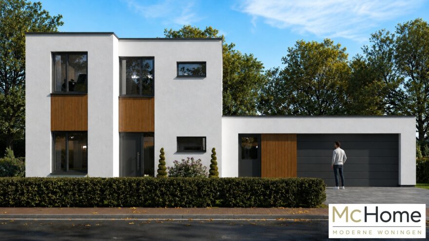 Moderne kubistische woning M-391 met plat dak, dubbele garage en grote glaspartijen