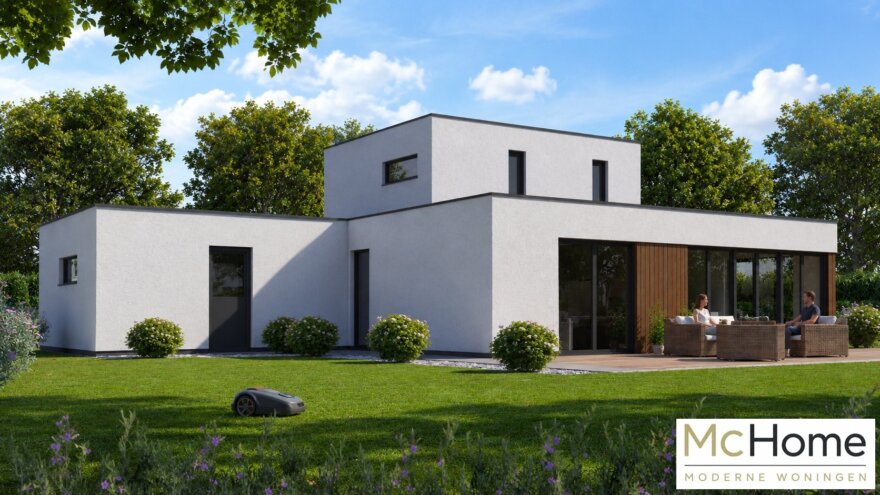 Moderne kubistische woning M-391 met plat dak, dubbele garage en grote glaspartijen