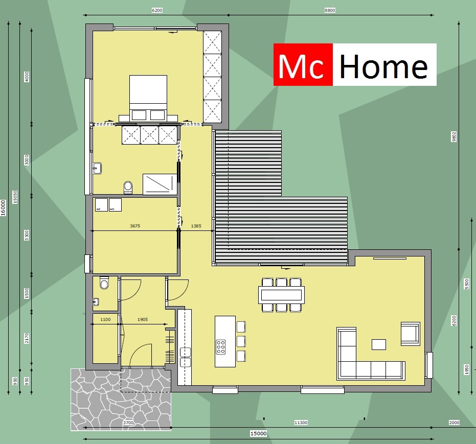 Mc-Home Ruime bungalow met plat dakin moderne houtskelet staalframe bouw energieneutraal type 79