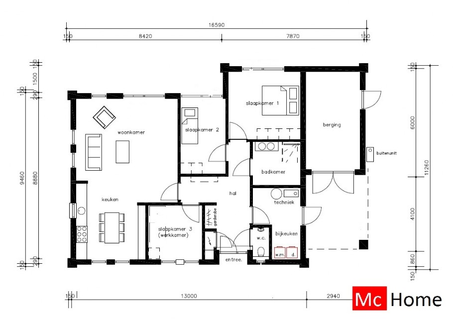 Mc-Home ontwerp B157 platdak bungalow bouwen staalframebouw Nederland