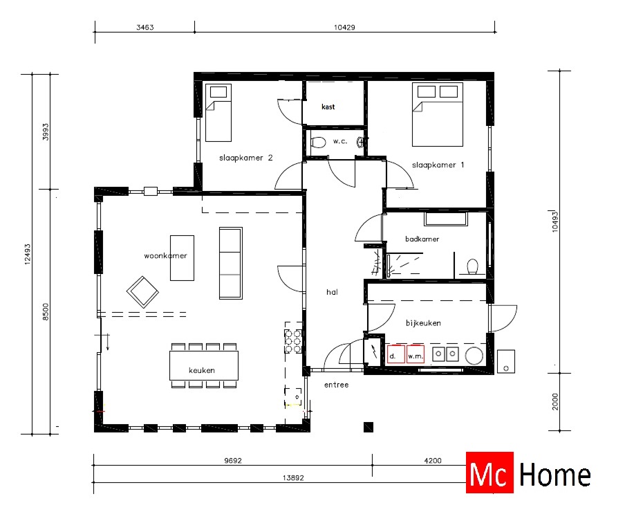 Mc-Home.nl B158 Nieuwbouw bungalow  hellend dak met kap Staalframebouw Nederland 