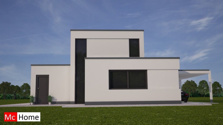 Mc-Home.nl M81 modern gelijkvloers huis met verdieping vlak dak overdekt terras passief gebouwd in staalframebouw