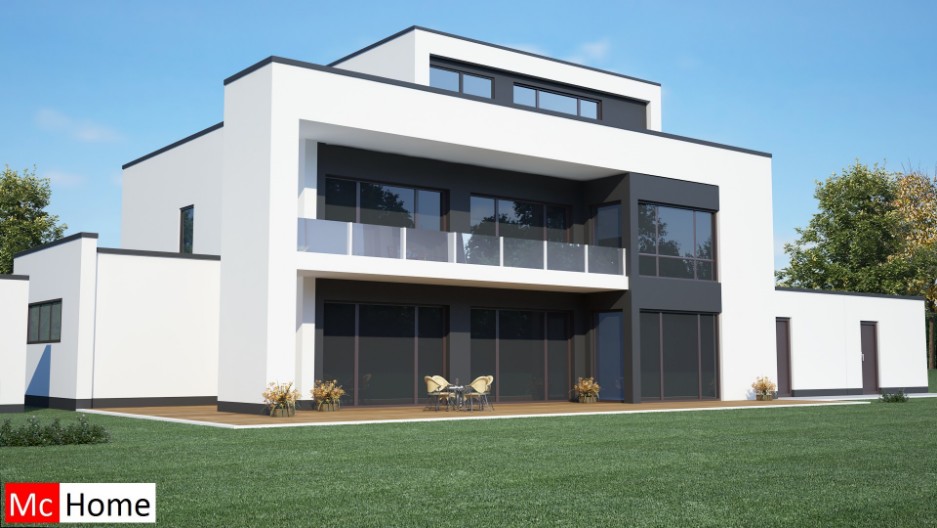 Mc-Home.nl M8v1 moderne kubistische aardbevingbestendige villa met garages passiefbouwwijze in staalframebouw