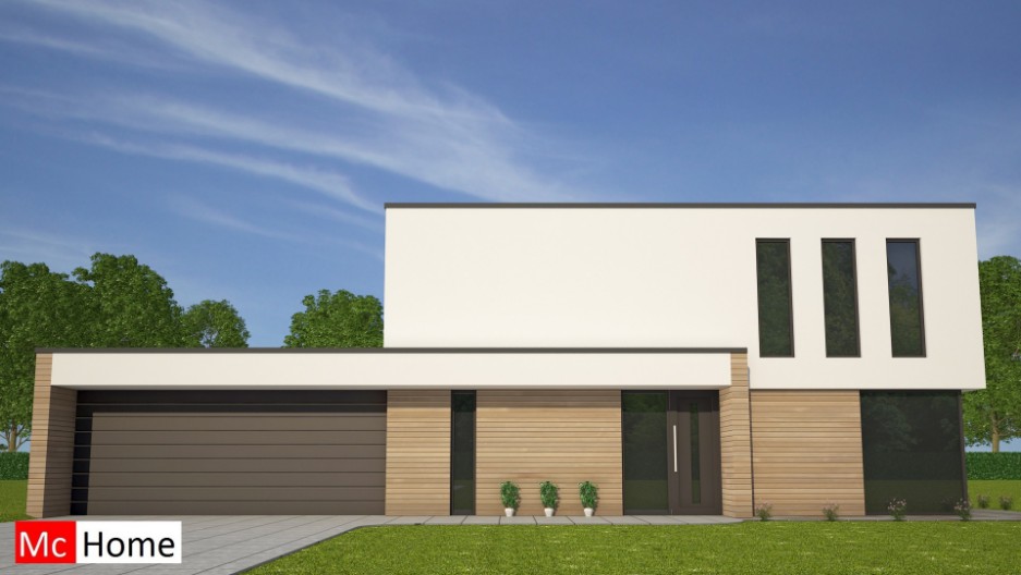 Mc-Home.nl architectuur kubistische woning M62 v2 dakterras pleisterwerk gevelstuuk natuursteen grote garage staalframebouw 