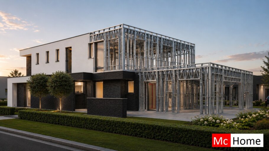 het plaatje toont een woning of gebouw met de staalframebouw constructie deels zichtbaar