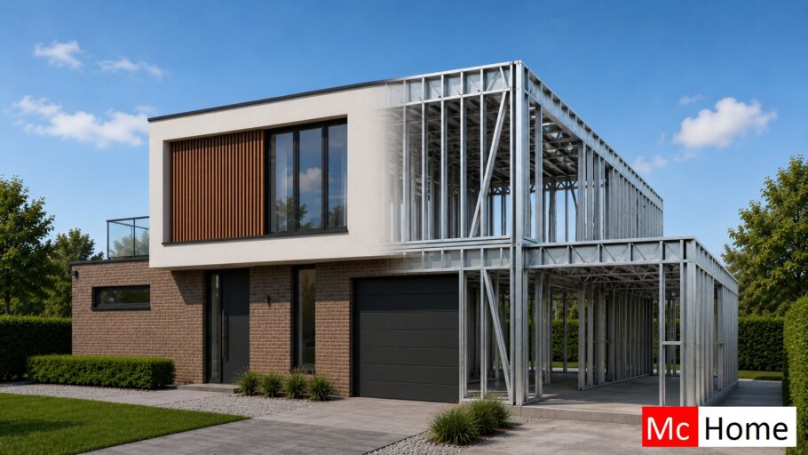 het plaatje toont een woning of gebouw met de staalframebouw constructie deels zichtbaar