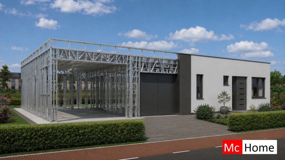 het plaatje toont een woning of gebouw met de staalframebouw constructie deels zichtbaar