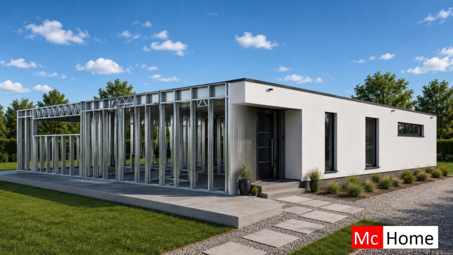 het plaatje toont een woning of gebouw met de staalframebouw constructie deels zichtbaar