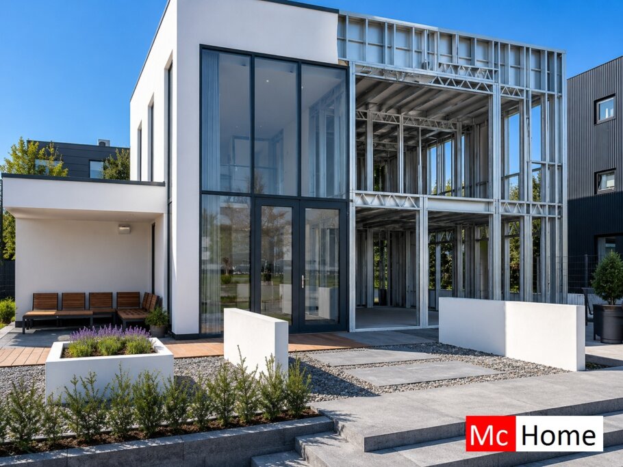 het plaatje toont een woning of gebouw met de staalframebouw constructie deels zichtbaar