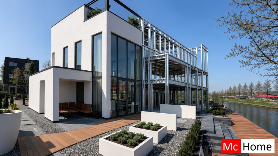 het plaatje toont een woning of gebouw met de staalframebouw constructie deels zichtbaar