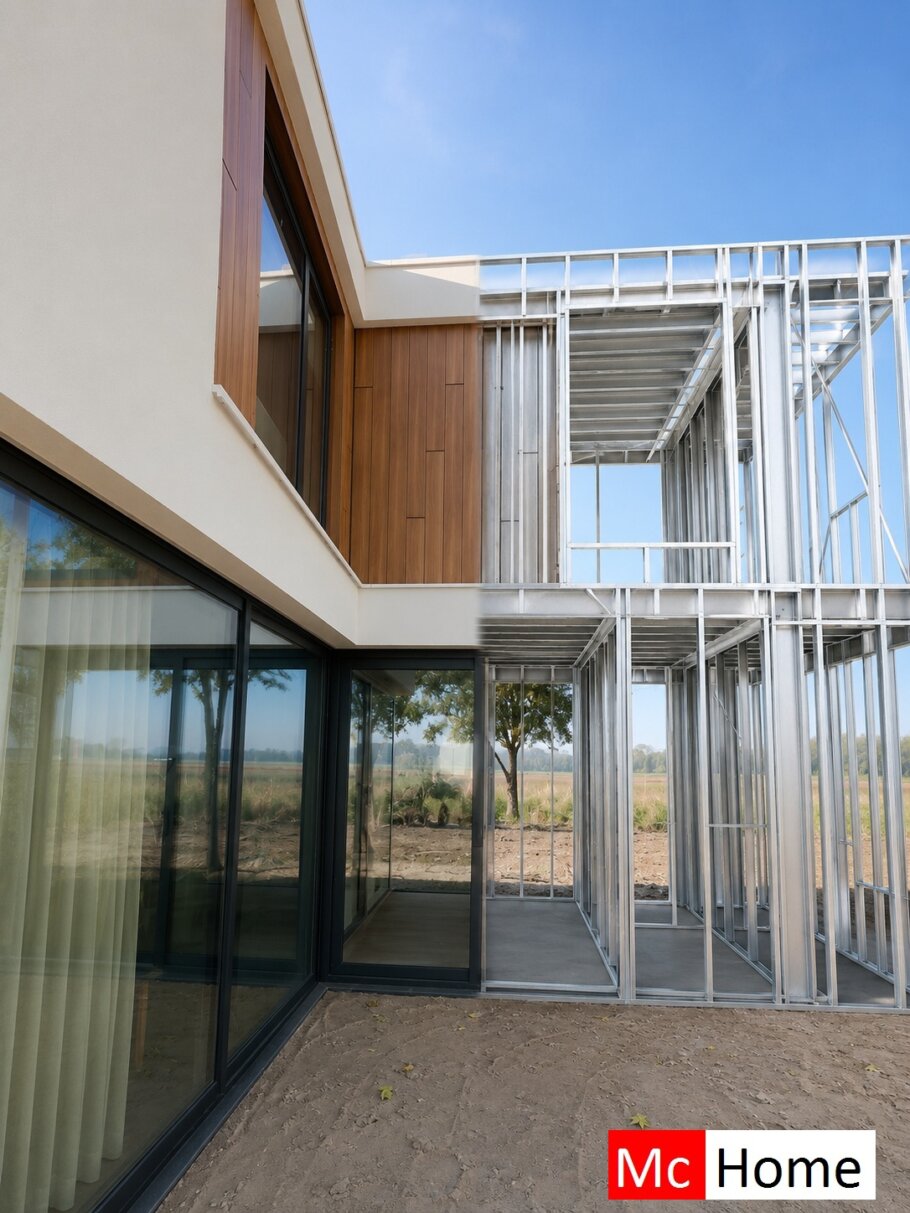 het plaatje toont een woning of gebouw met de staalframebouw constructie deels zichtbaar