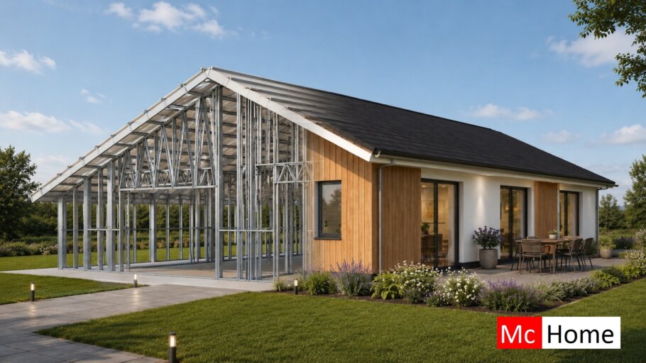 het plaatje toont een woning of gebouw met de staalframebouw constructie deels zichtbaar