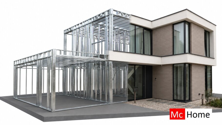 het plaatje toont een woning of gebouw met de staalframebouw constructie deels zichtbaar