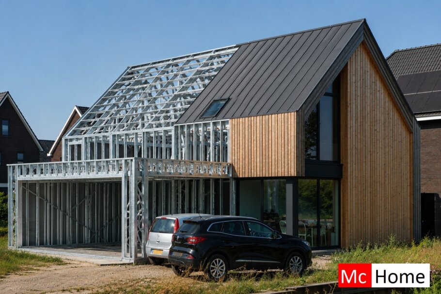het plaatje toont een woning of gebouw met de staalframebouw constructie deels zichtbaar