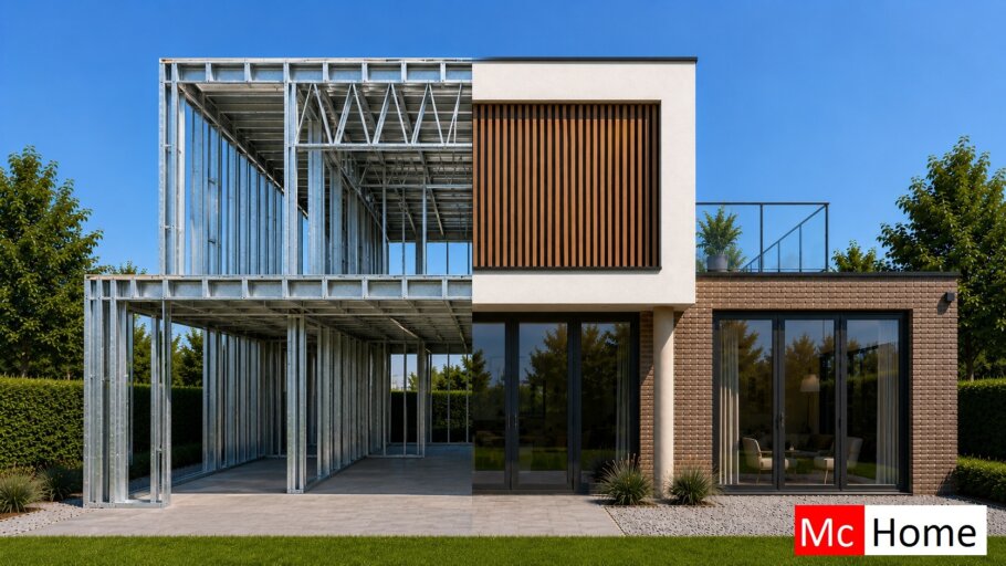 het plaatje toont een woning of gebouw met de staalframebouw constructie deels zichtbaar