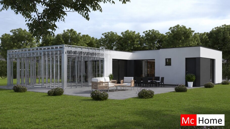 het plaatje toont een woning of gebouw met de staalframebouw constructie deels zichtbaar