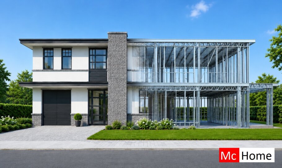 het plaatje toont een woning of gebouw met de staalframebouw constructie deels zichtbaar