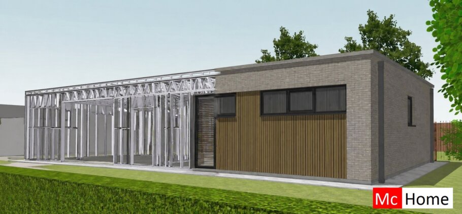 het plaatje toont een woning of gebouw met de staalframebouw constructie deels zichtbaar